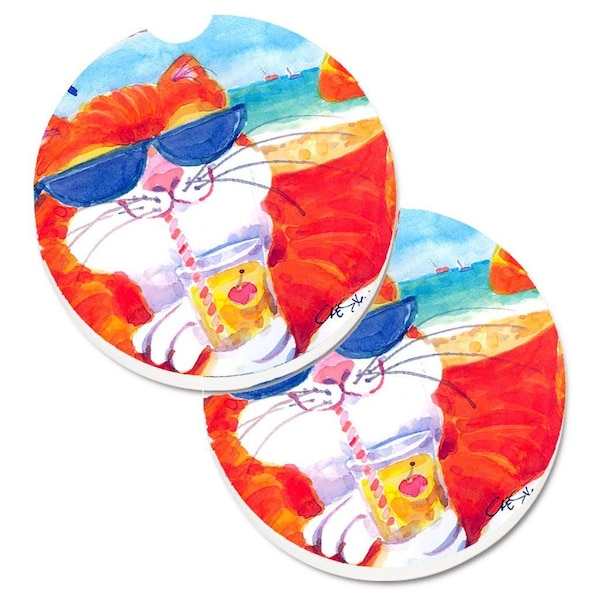 Carolines Treasures Cool Cat with Sunglasses at the Beach Set of 2 Cup Holder Car Coaster 6118CARC - main